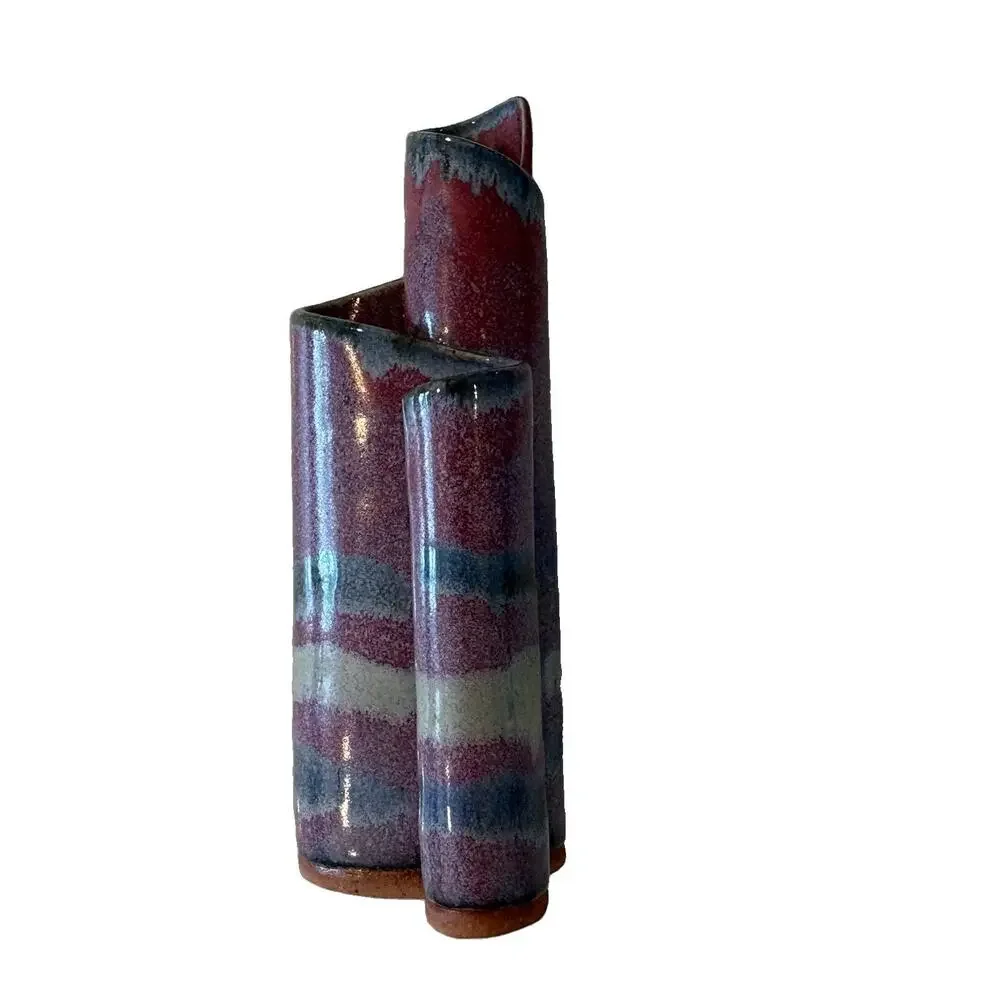 Vintage 1988 Bay Pottery Ribbon Vase 3-Chamber 7” Studio Art Purple Blue Glaze